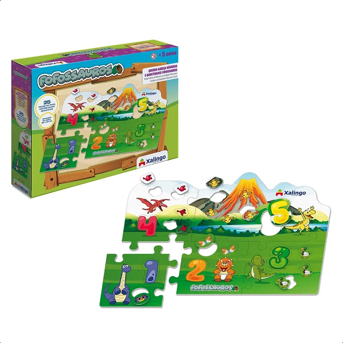 Quebra-cabeça Cartão Números Fofossauros 36x24 c/ Papel Cartão 25 Peças +4 anos Xalingo-54498