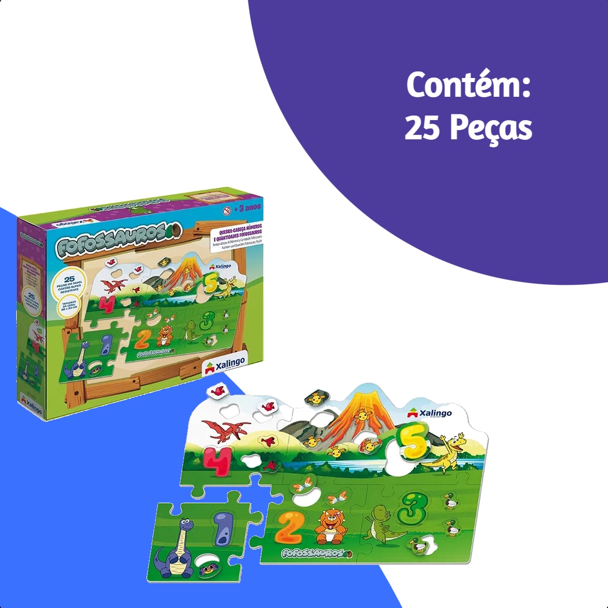 Quebra-cabeça Cartão Números Fofossauros 36x24 c/ Papel Cartão 25 Peças +4 anos Xalingo-54498