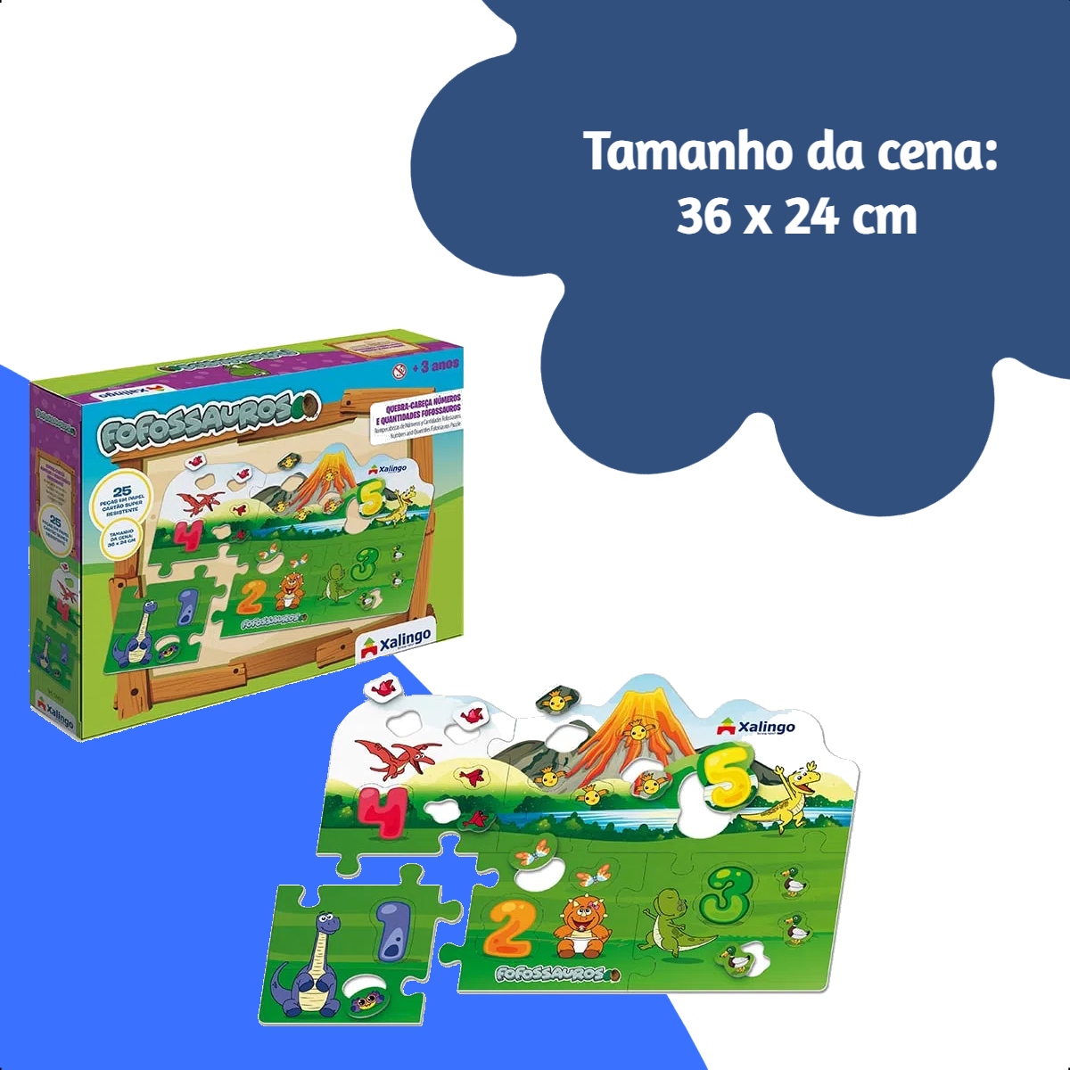 Quebra-cabeça Cartão Números Fofossauros 36x24 c/ Papel Cartão 25 Peças +4 anos Xalingo-54498