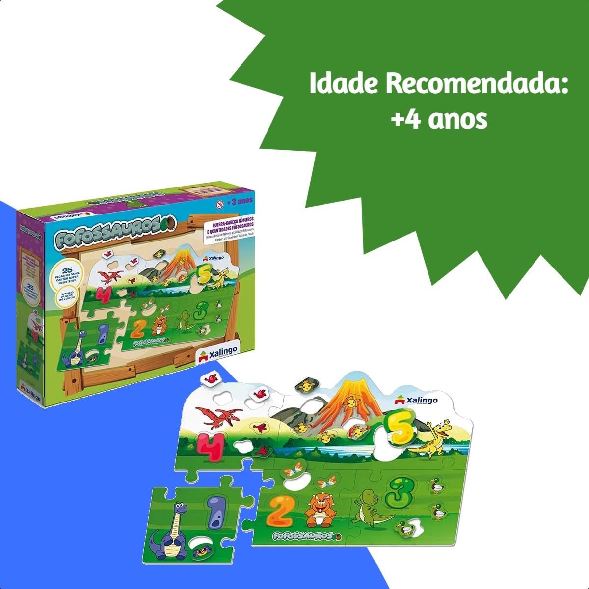 Quebra-cabeça Cartão Números Fofossauros 36x24 c/ Papel Cartão 25 Peças +4 anos Xalingo-54498