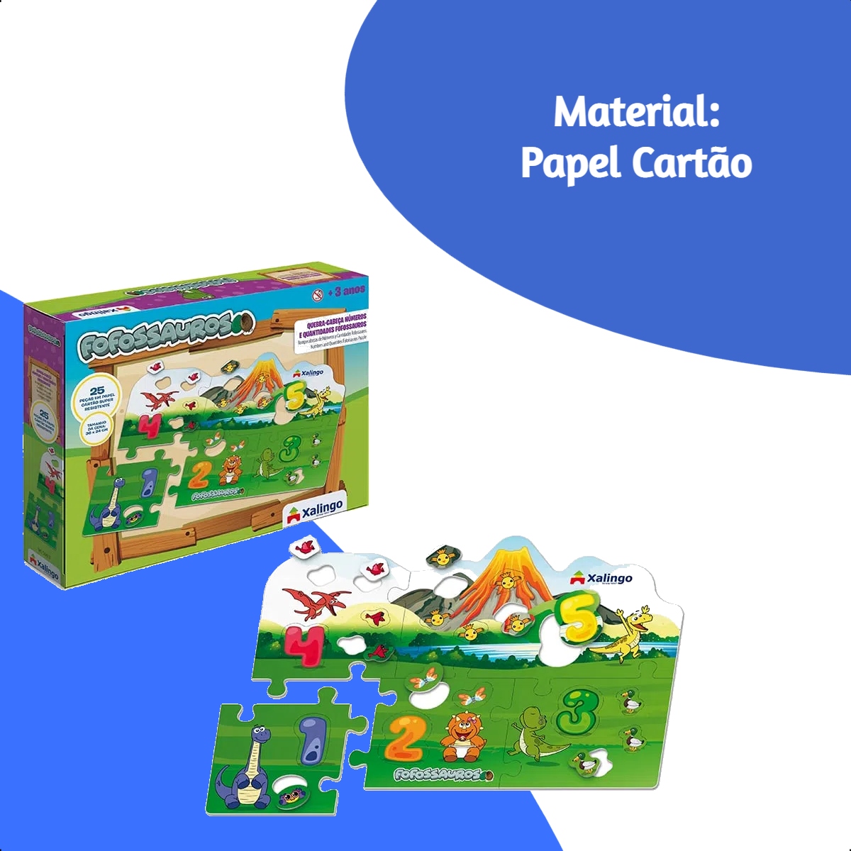 Quebra-cabeça Cartão Números Fofossauros 36x24 c/ Papel Cartão 25 Peças +4 anos Xalingo-54498