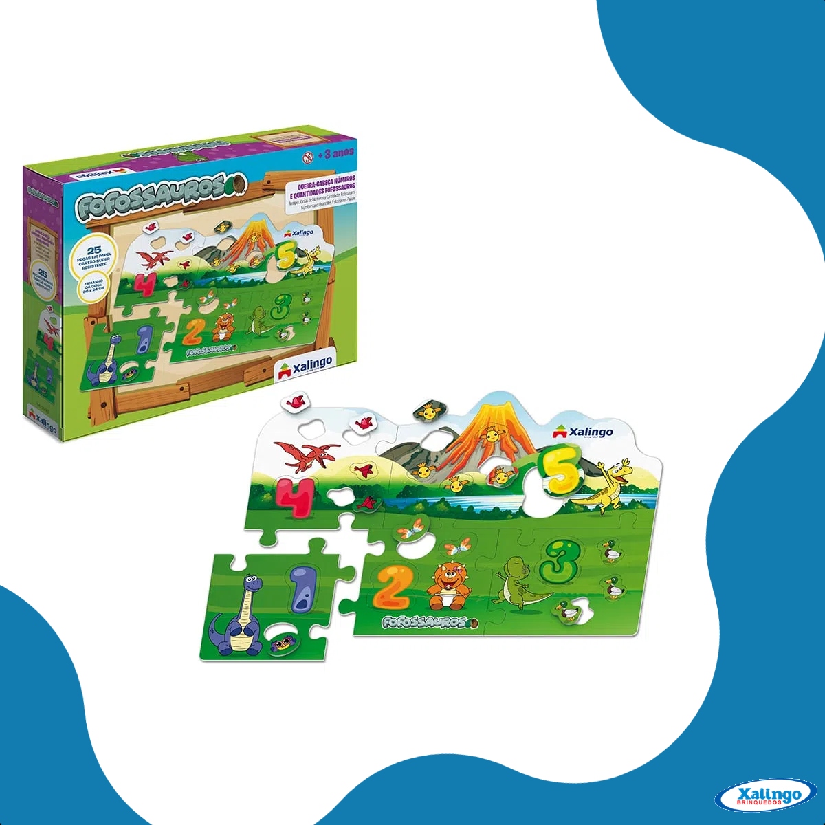 Quebra-cabeça Cartão Números Fofossauros 36x24 c/ Papel Cartão 25 Peças +4 anos Xalingo-54498