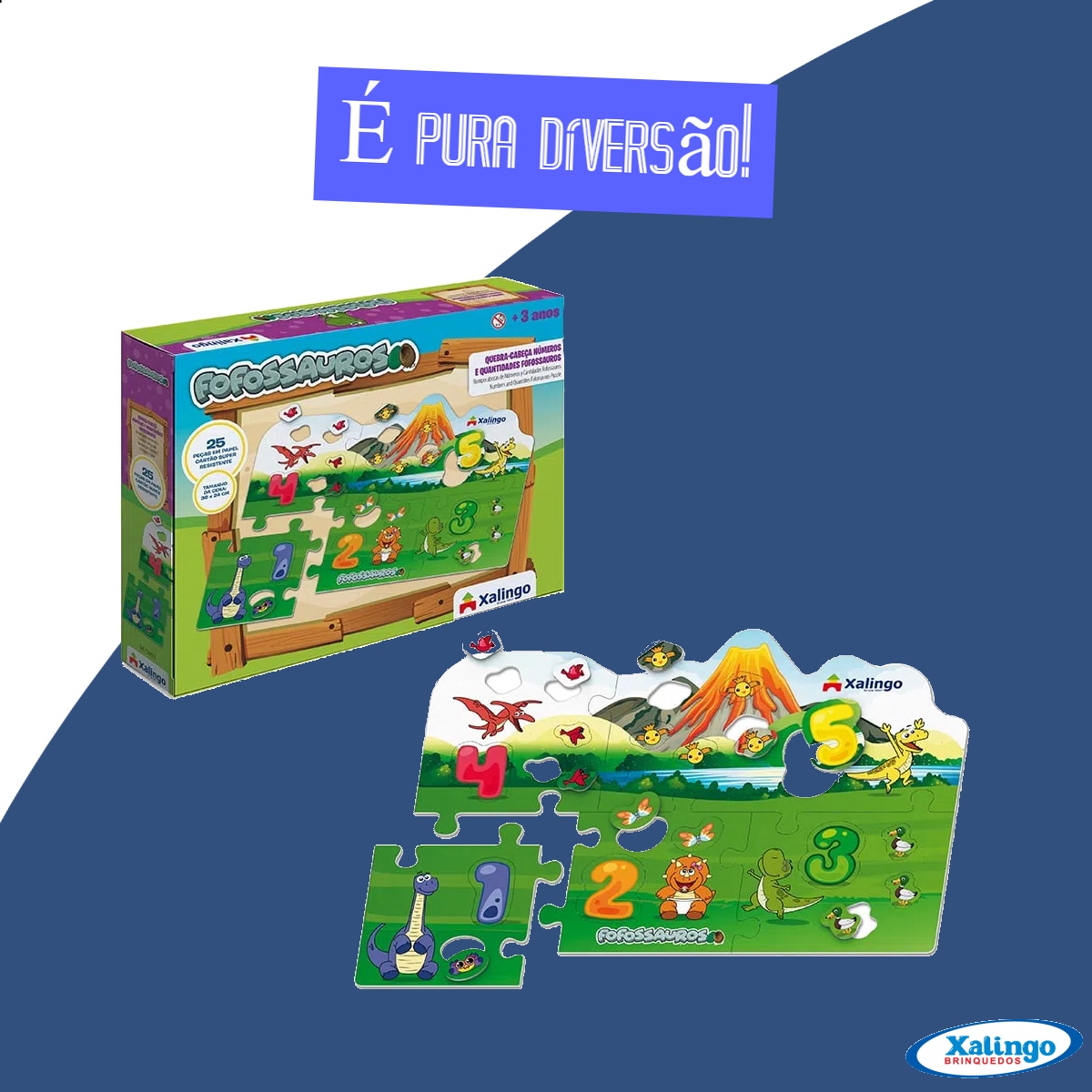 Quebra-cabeça Cartão Números Fofossauros 36x24 c/ Papel Cartão 25 Peças +4 anos Xalingo-54498