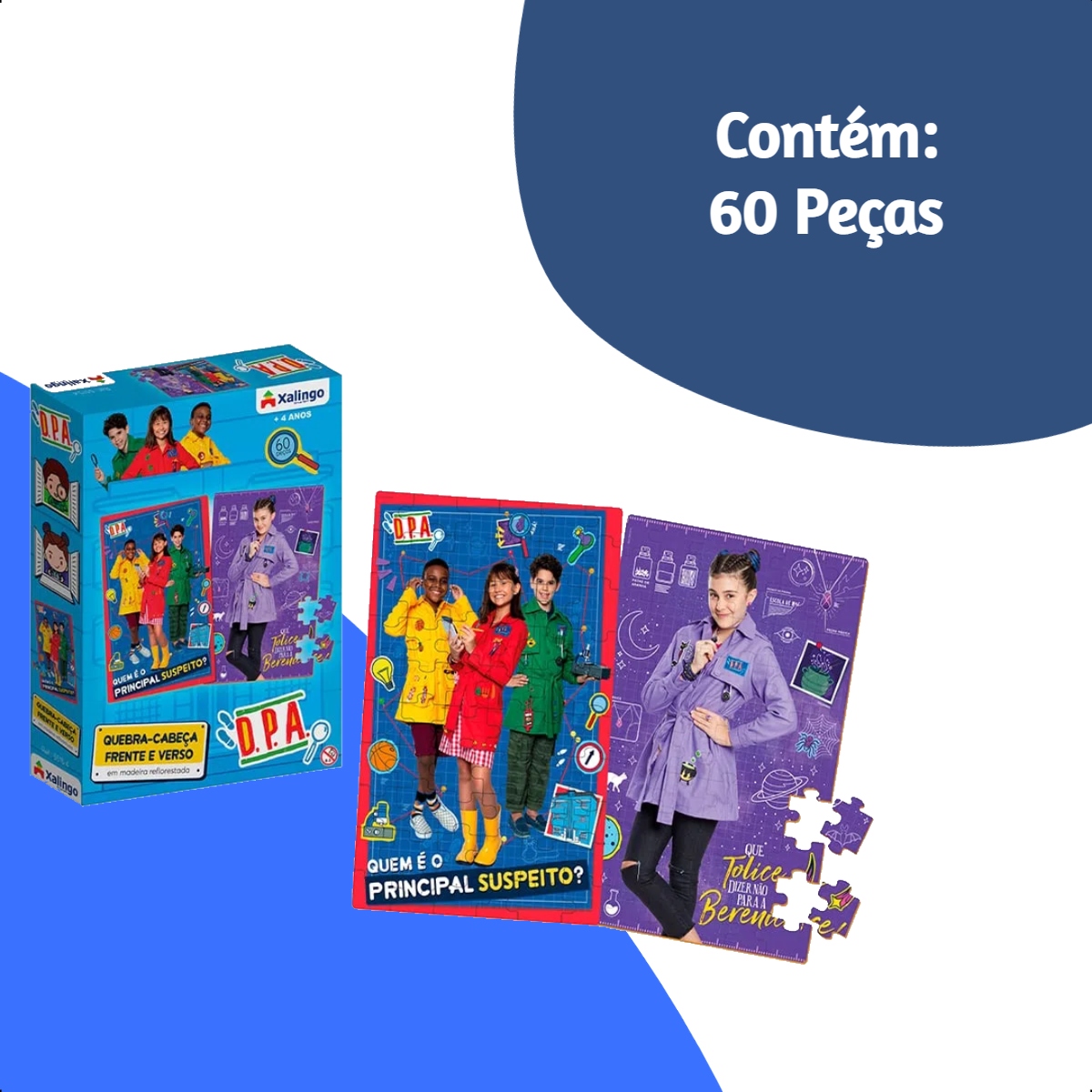 Quebra-cabeça Frente e Verso 2 em 1 D.P.A. 60 Peças Madeira +4 anos 32 x 21 cm Xalingo - 55154