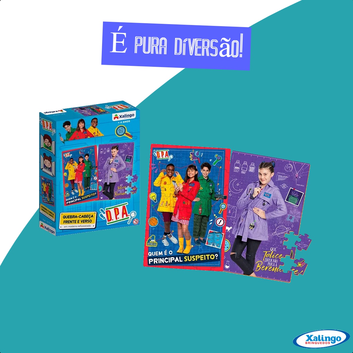 Quebra-cabeça Frente e Verso 2 em 1 D.P.A. 60 Peças Madeira +4 anos 32 x 21 cm Xalingo - 55154