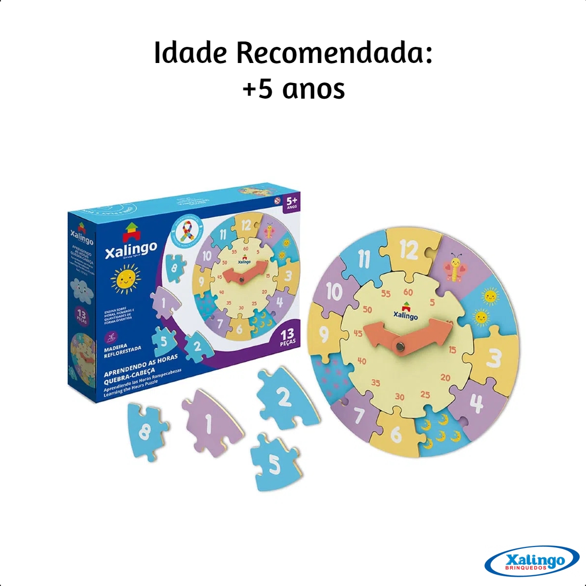Quebra-Cabeça Relógio Aprendendo as Horas com 13 Peças a Partir de 5 anos TDAH Xalingo - 17165