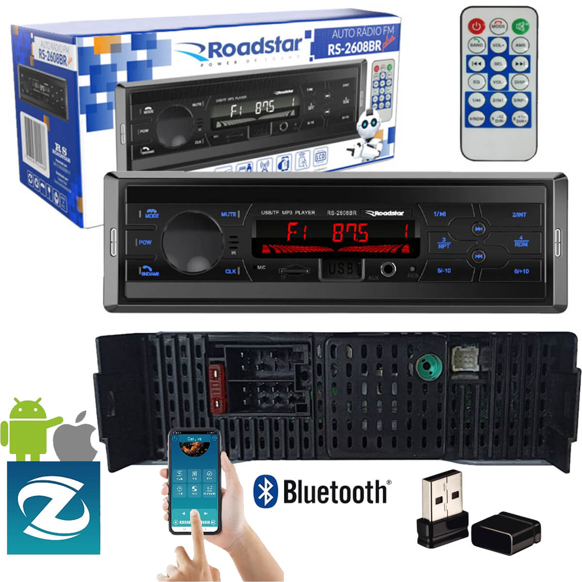 COMP Rádio MP3 Som Automotivo Bluetooth Com Pendrive 8GB Roadstar RS2608BR USB FM Aux Com Controle Remoto e APP WAY LINK