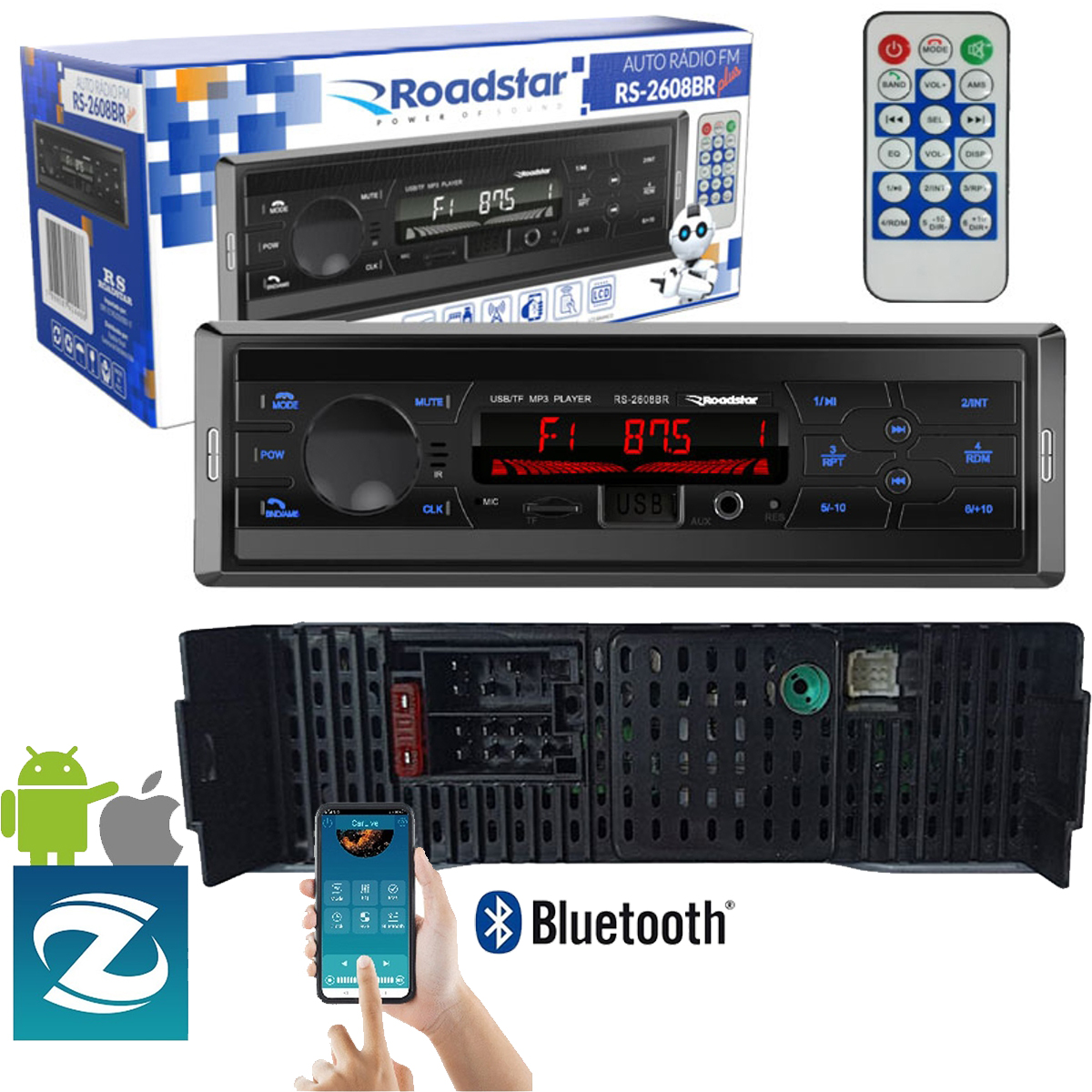COMP Rádio MP3 Som Automotivo Bluetooth Com Pendrive 8GB Roadstar RS2608BR USB FM Aux Com Controle Remoto e APP WAY LINK