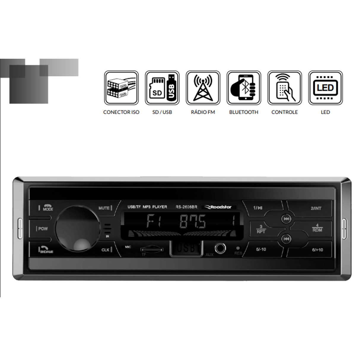 COMP Rádio MP3 Som Automotivo Bluetooth Com Pendrive 8GB Roadstar RS2608BR USB FM Aux Com Controle Remoto e APP WAY LINK