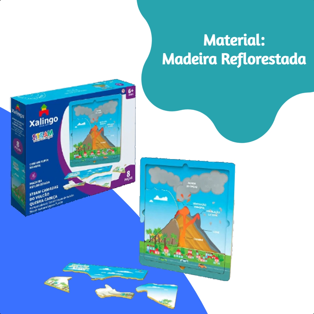Steam Quebra-cabeça Camadas do Vulcão 8 Peças de Madeira Reflorestada +6 anos Xalingo - 17254