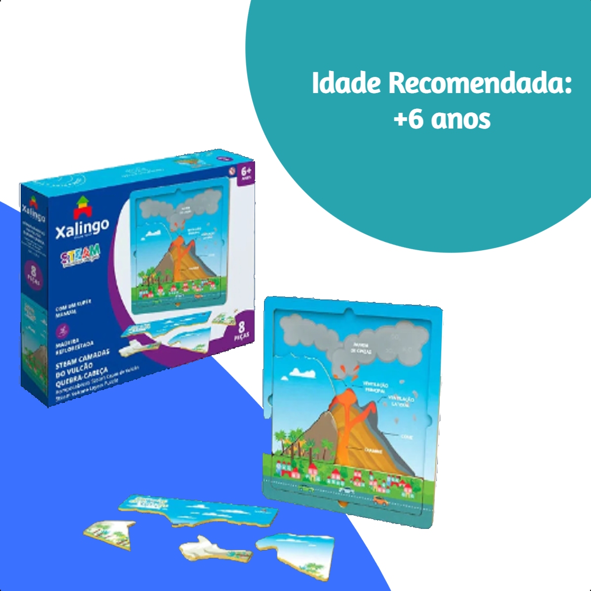 Steam Quebra-cabeça Camadas do Vulcão 8 Peças de Madeira Reflorestada +6 anos Xalingo - 17254