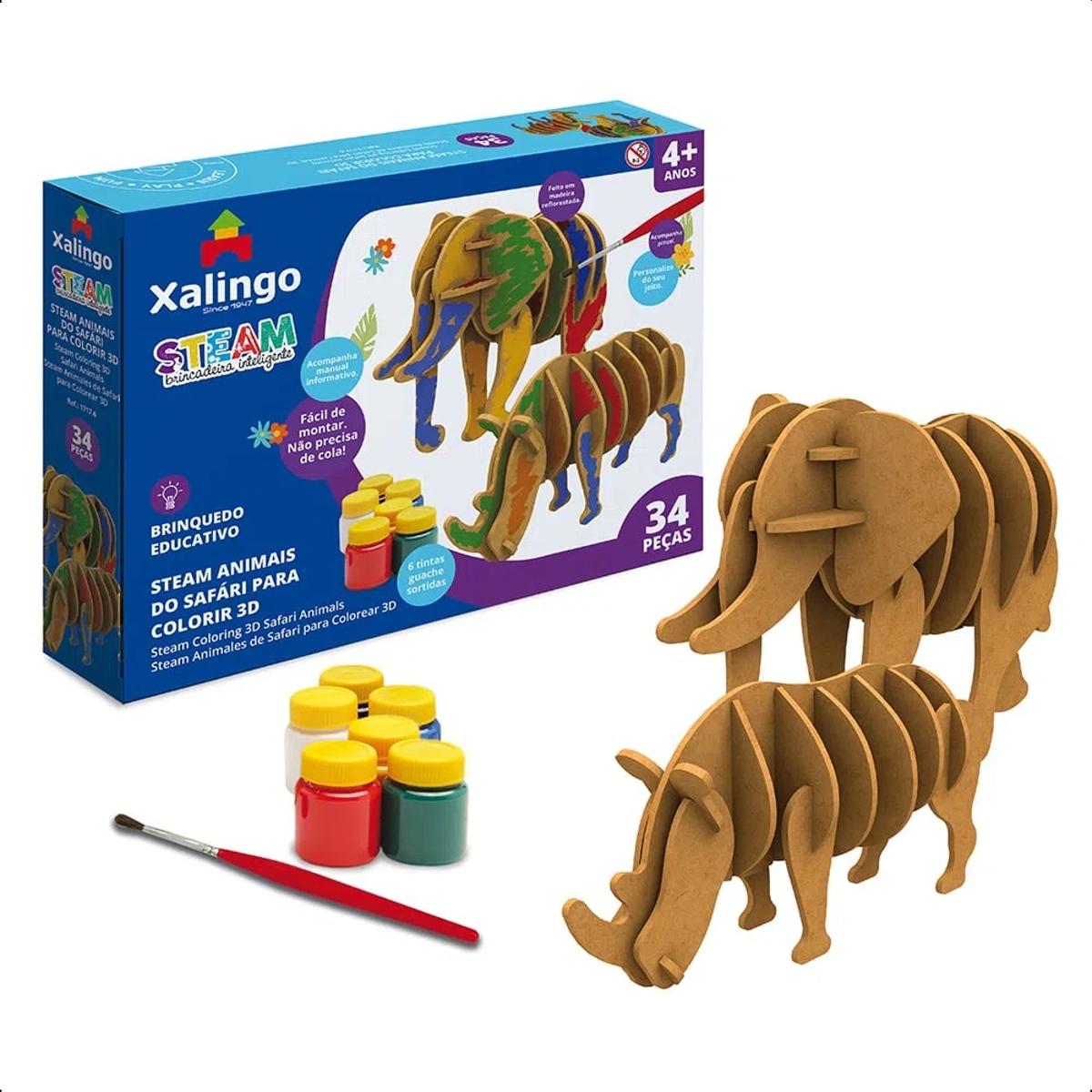 Quebra-cabeça 3D Animais do Safari p/ Colorir 34 Peças c/ 6 Tintas Guaches Sortidas Xalingo 17176
