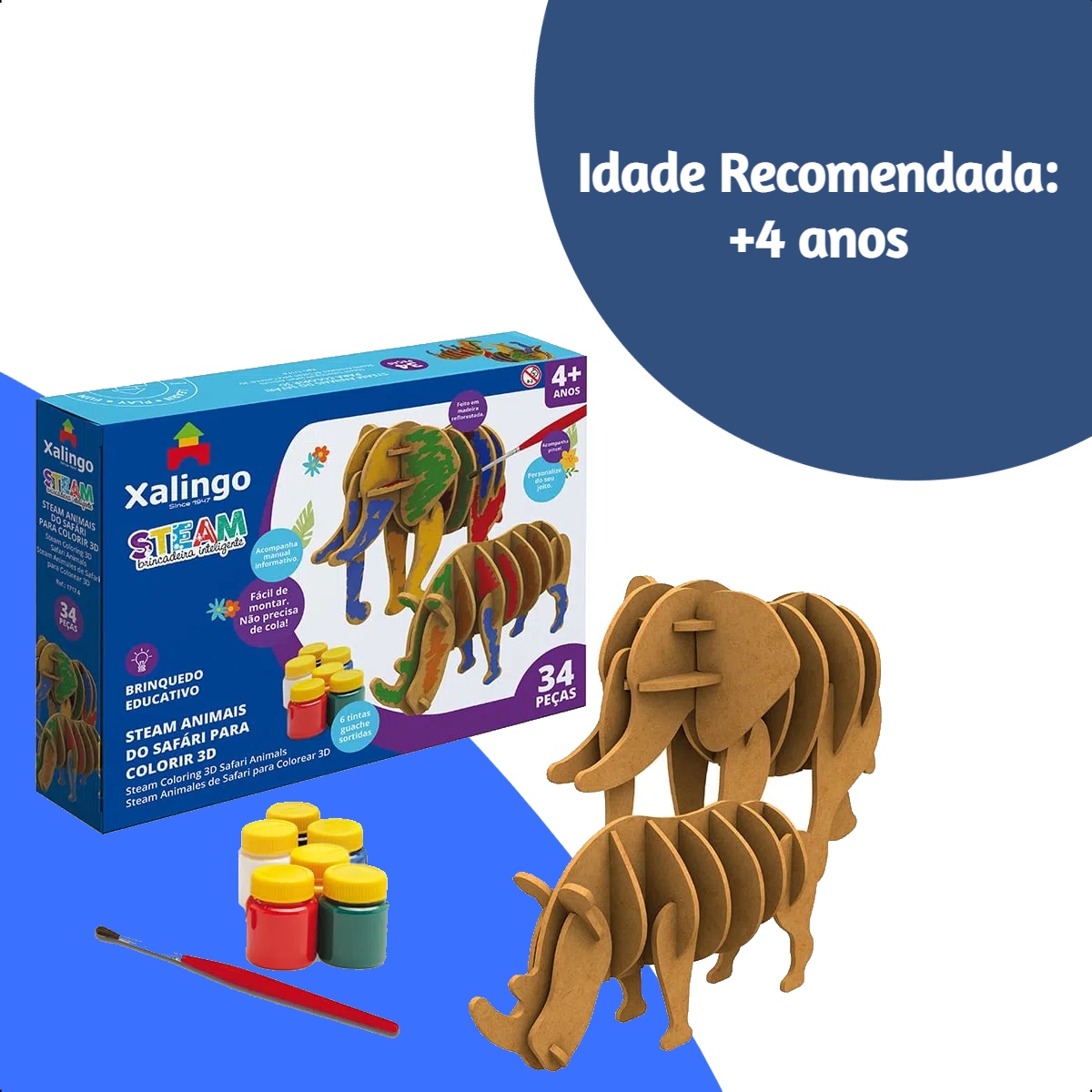 Quebra-cabeça 3D Animais do Safari p/ Colorir 34 Peças c/ 6 Tintas Guaches Sortidas Xalingo 17176