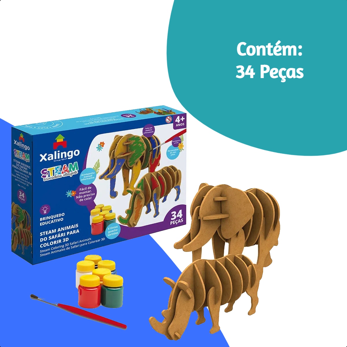 Quebra-cabeça 3D Animais do Safari p/ Colorir 34 Peças c/ 6 Tintas Guaches Sortidas Xalingo 17176