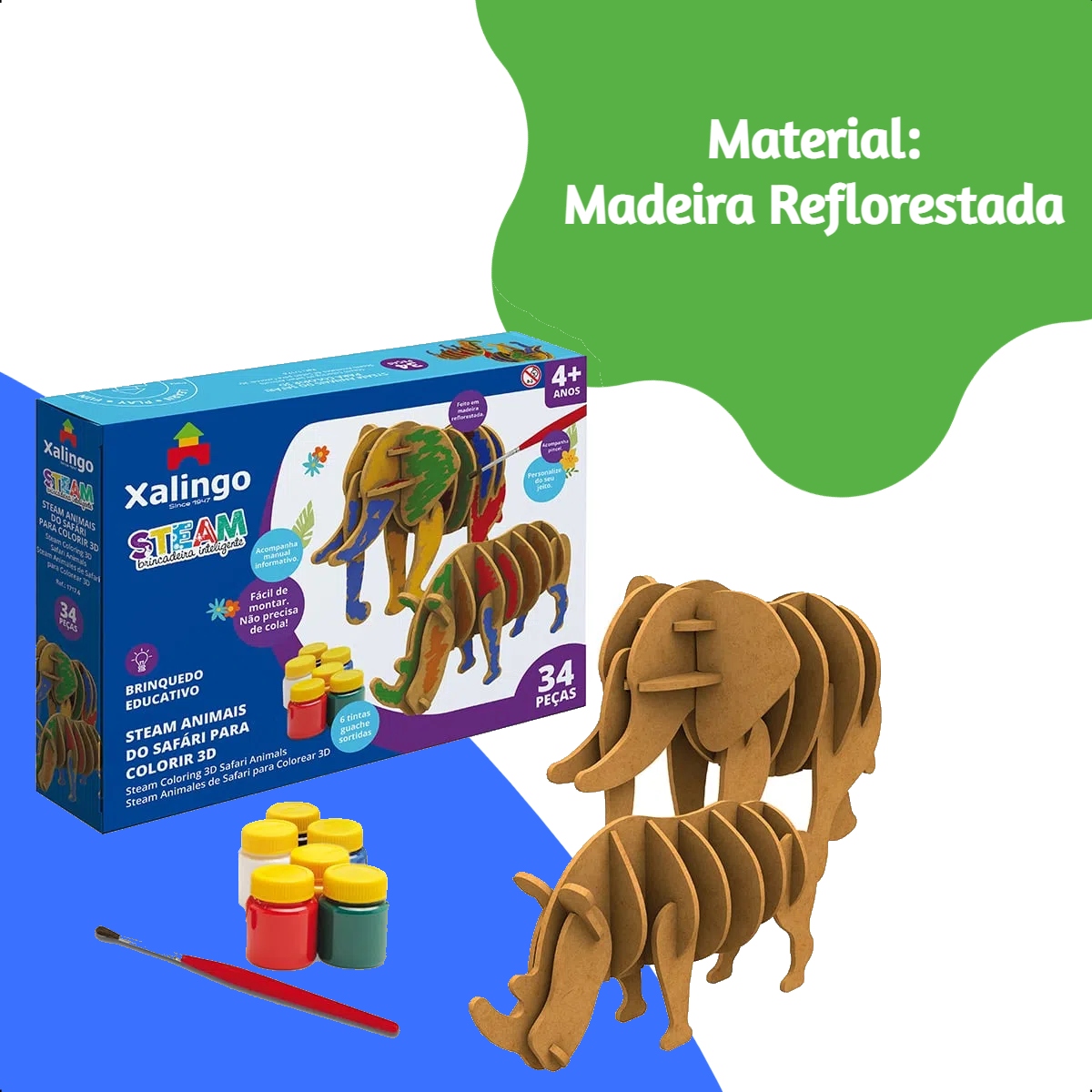 Quebra-cabeça 3D Animais do Safari p/ Colorir 34 Peças c/ 6 Tintas Guaches Sortidas Xalingo 17176