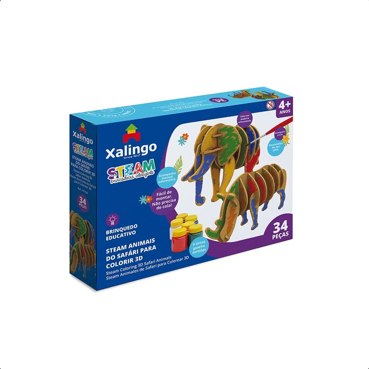 Quebra-cabeça 3D Animais do Safari p/ Colorir 34 Peças c/ 6 Tintas Guaches Sortidas Xalingo 17176
