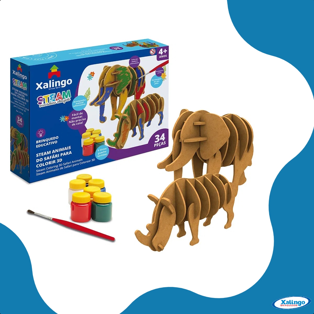 Quebra-cabeça 3D Animais do Safari p/ Colorir 34 Peças c/ 6 Tintas Guaches Sortidas Xalingo 17176