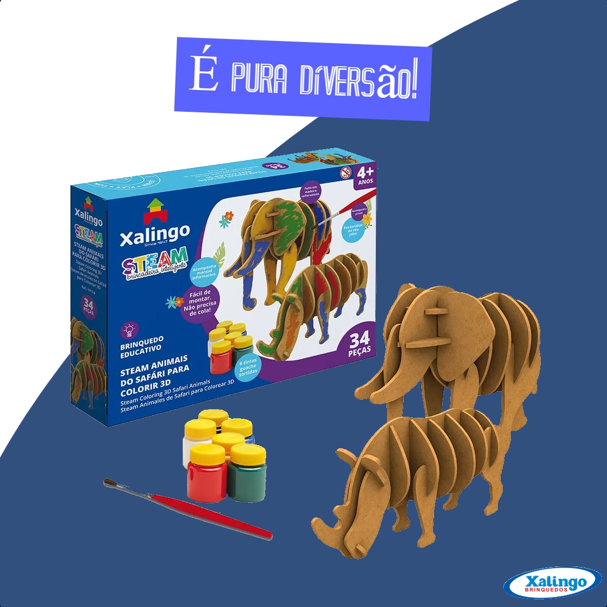Quebra-cabeça 3D Animais do Safari p/ Colorir 34 Peças c/ 6 Tintas Guaches Sortidas Xalingo 17176