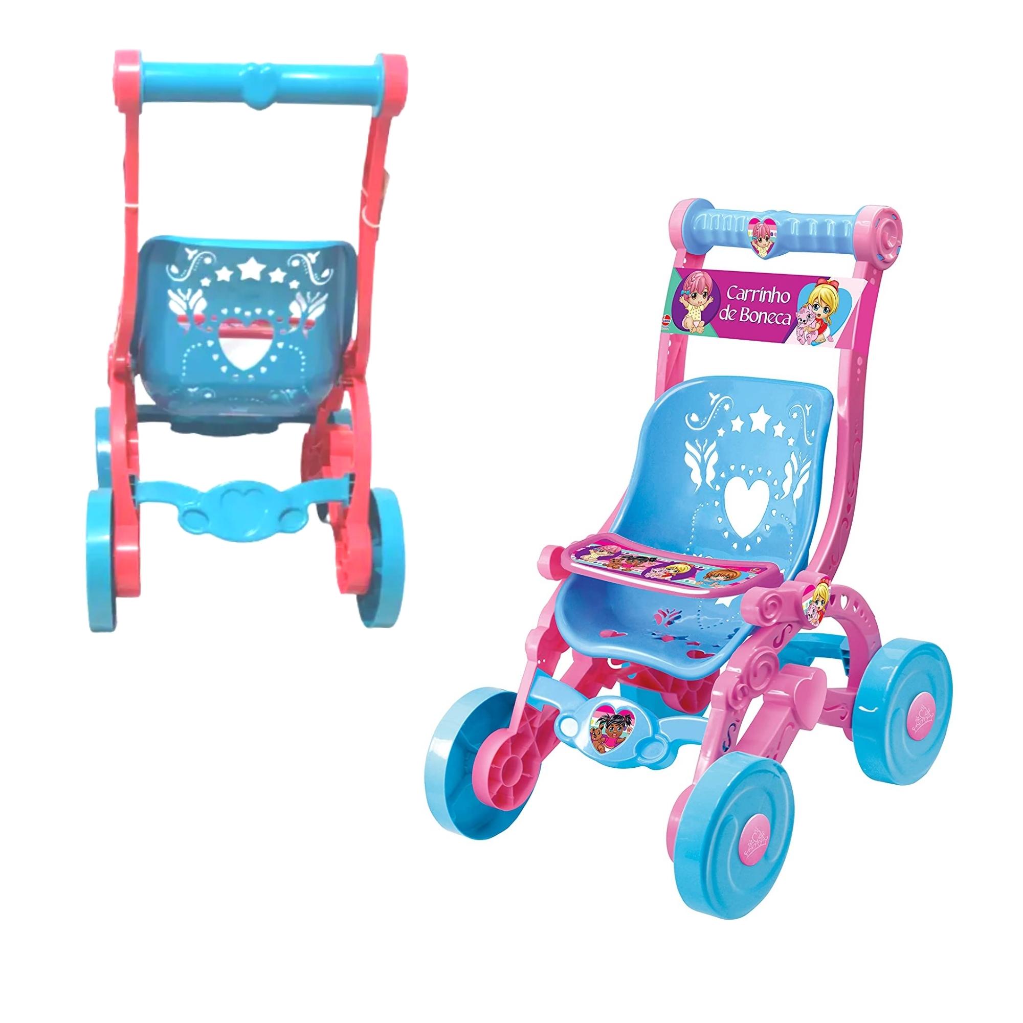 Carrinho De Boneca Azul e Rosa Brinquedo Faz de Conta Infantil Decorado com Bandeja Lider 228