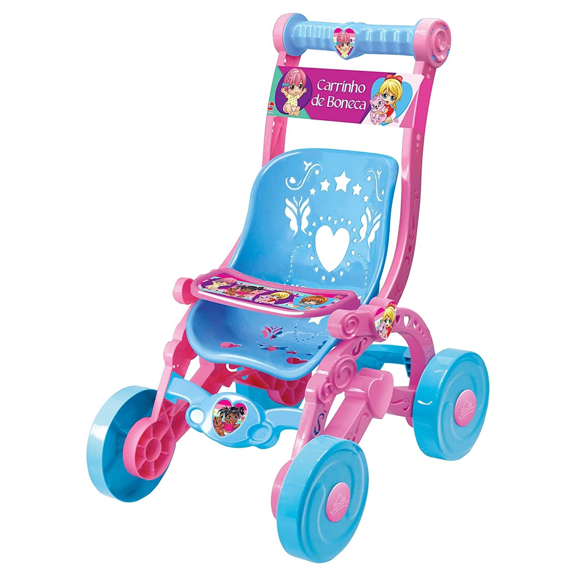 Carrinho De Boneca Azul e Rosa Brinquedo Faz de Conta Infantil Decorado com Bandeja Lider 228