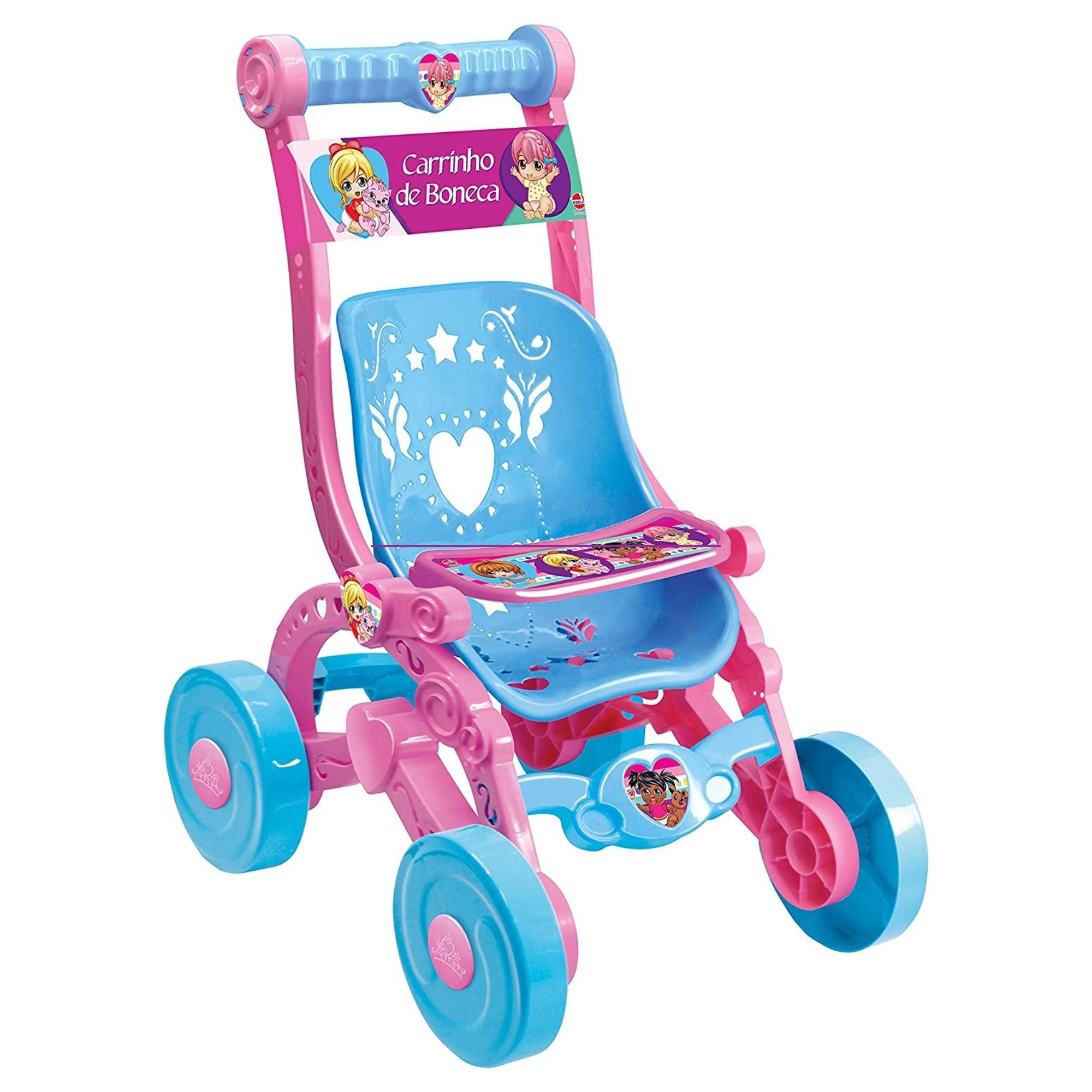 Carrinho De Boneca Azul e Rosa Brinquedo Faz de Conta Infantil Decorado com Bandeja Lider 228