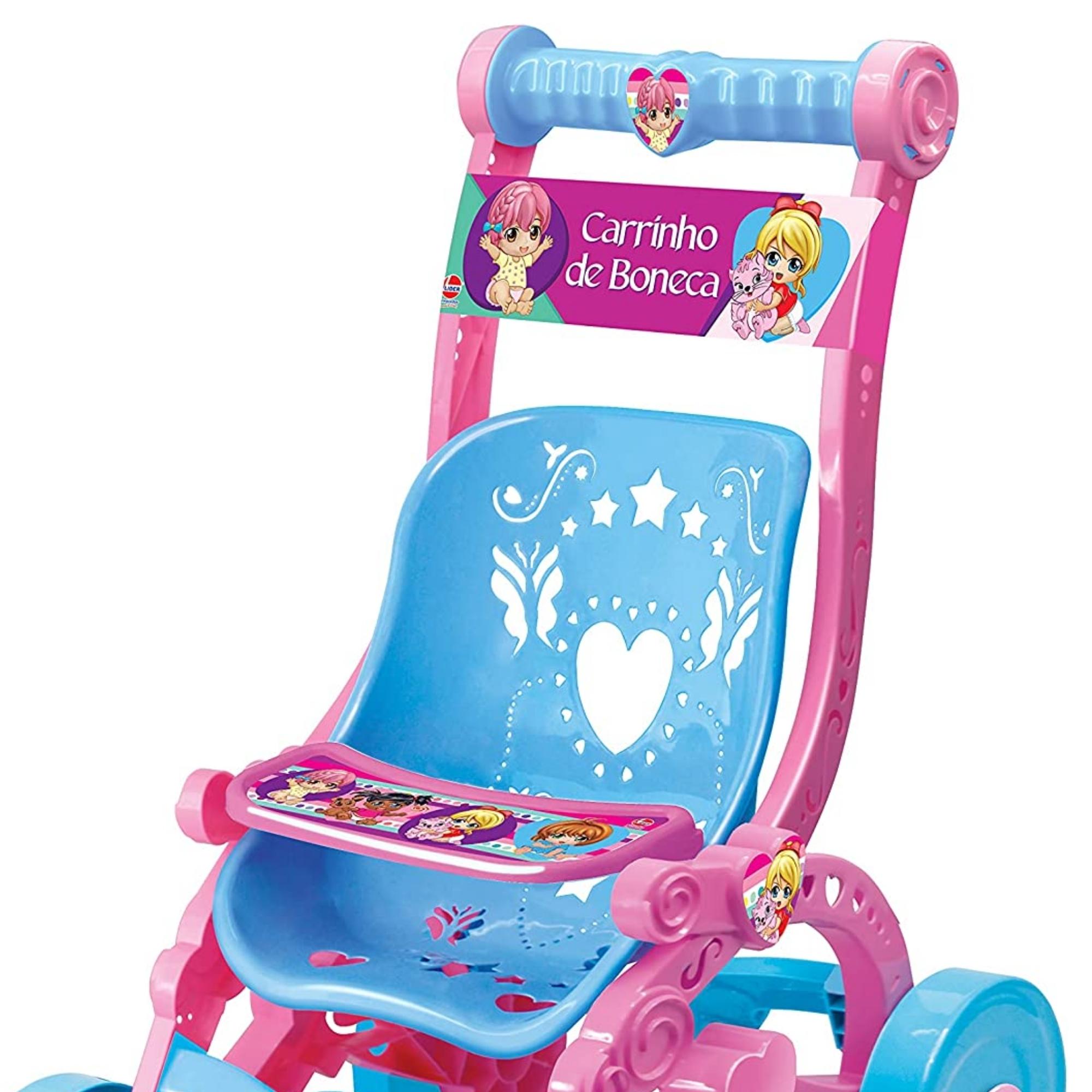 Carrinho De Boneca Azul e Rosa Brinquedo Faz de Conta Infantil Decorado com Bandeja Lider 228