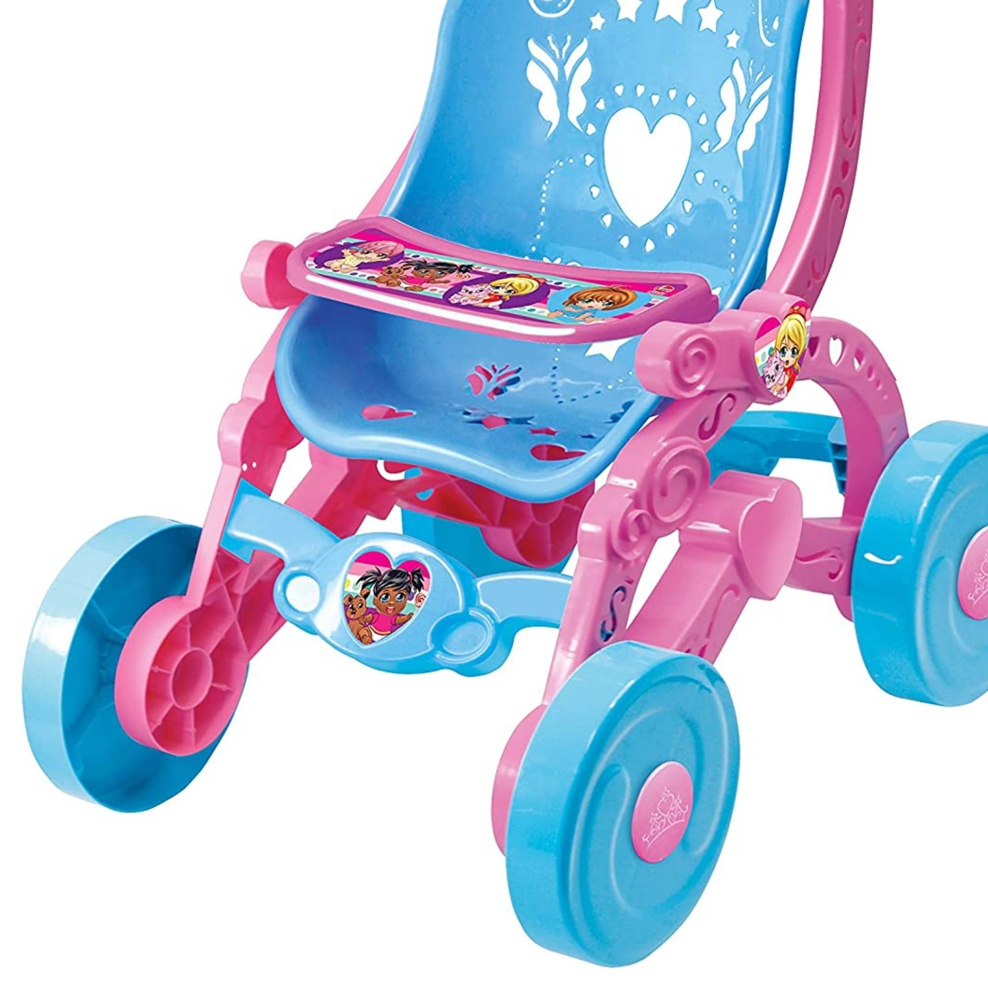 Carrinho De Boneca Azul e Rosa Brinquedo Faz de Conta Infantil Decorado com Bandeja Lider 228