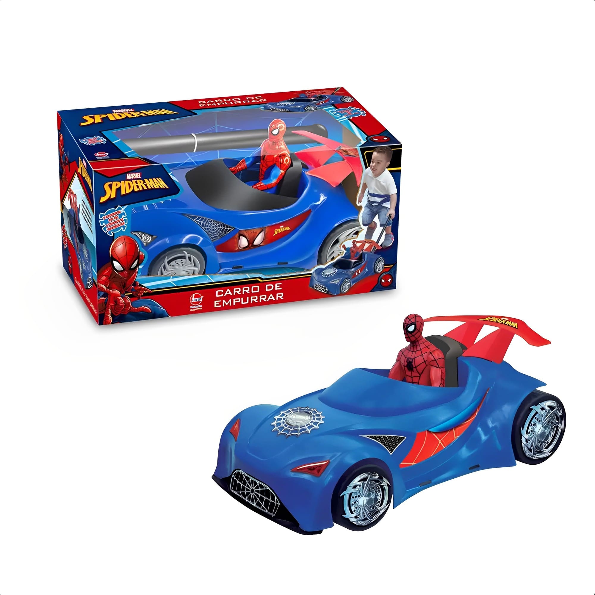 Carrinho de Empurrar Infantil do Homem Aranha Marvel Azul e Vermelho Lider - 2382