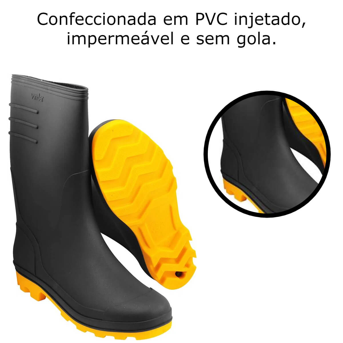 Bota De PVC Galocha Numeração 39 Cor Preto/Amarelo Sem Forro Interno Cano 29cm Vonder -7075390000