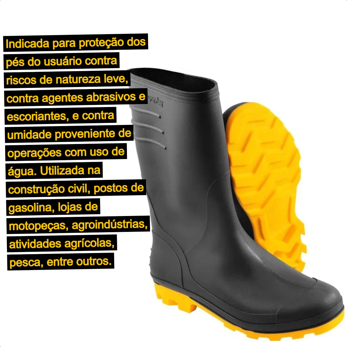 Bota de PVC Galocha Preta com Solado Amarelo Cano Médio com Forro Interno 40 Vonder - 7079400000