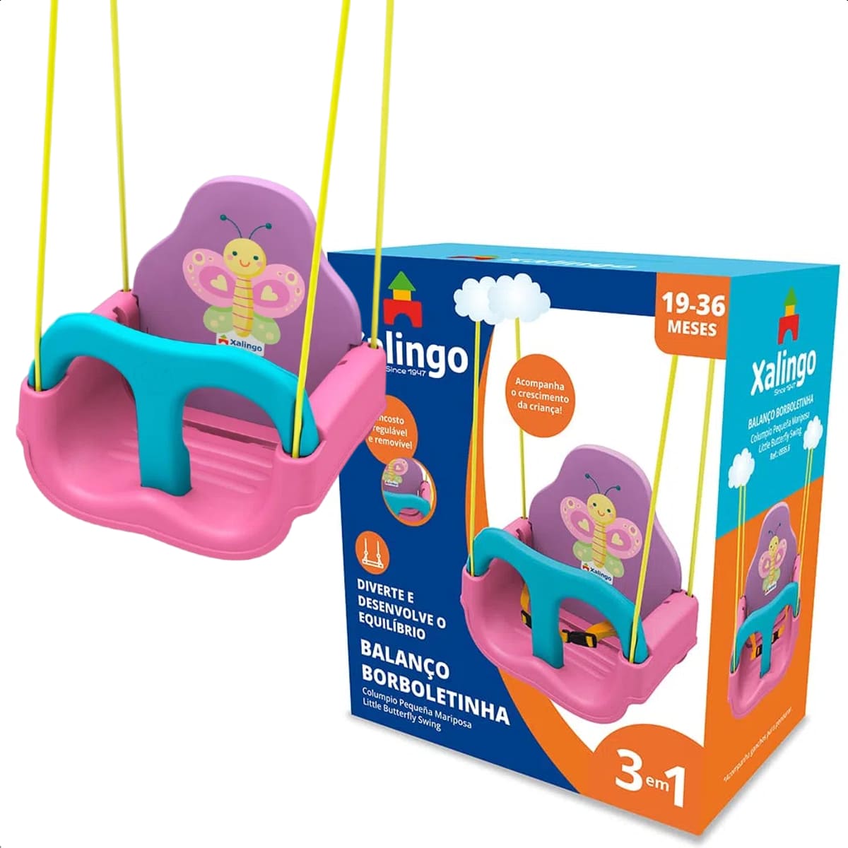 Balanço Infantil Borboletinha Rosa e Azul com Encosto Regulável até 23kg Xalingo - 09356