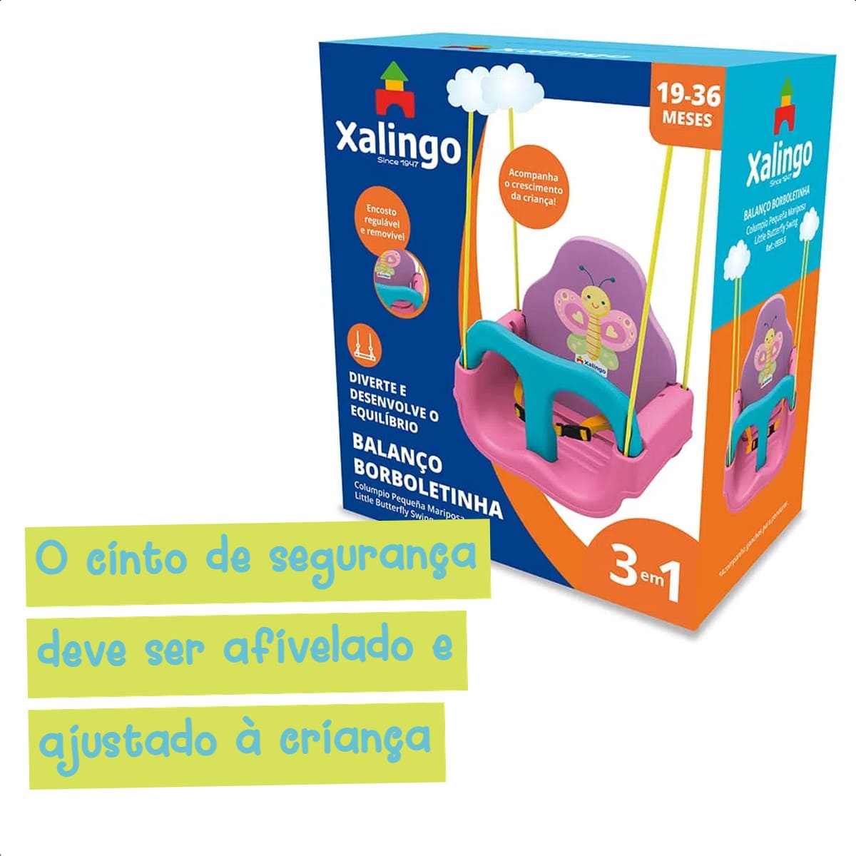 Balanço Infantil Borboletinha Rosa e Azul com Encosto Regulável até 23kg Xalingo - 09356