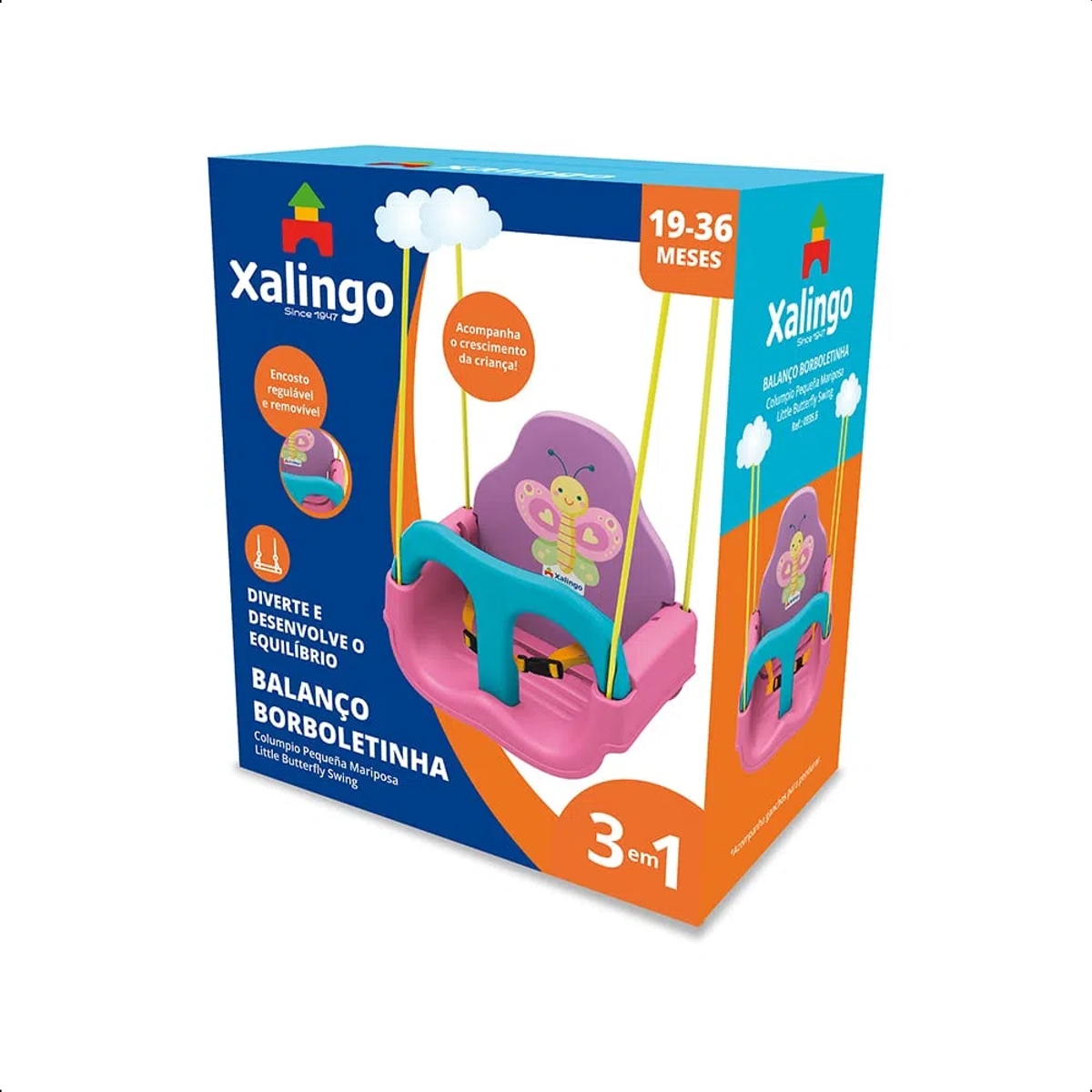 Balanço Infantil Borboletinha Rosa e Azul com Encosto Regulável até 23kg Xalingo - 09356