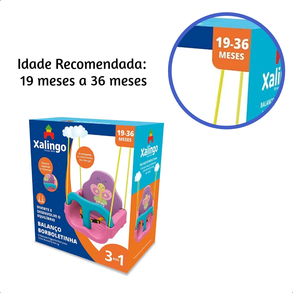 Balanço Infantil Borboletinha Rosa e Azul com Encosto Regulável até 23kg Xalingo - 09356