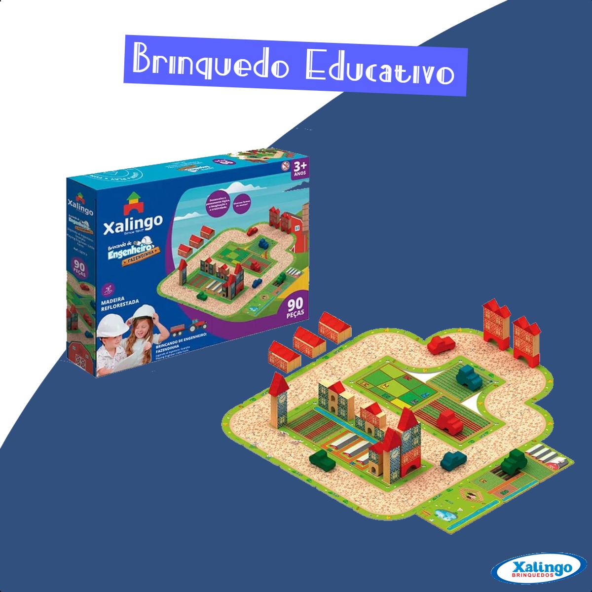 Brincando de Engenheiro Fazendinha 90 Peças de Madeira Reflorestada +3 anos Xalingo - 52771
