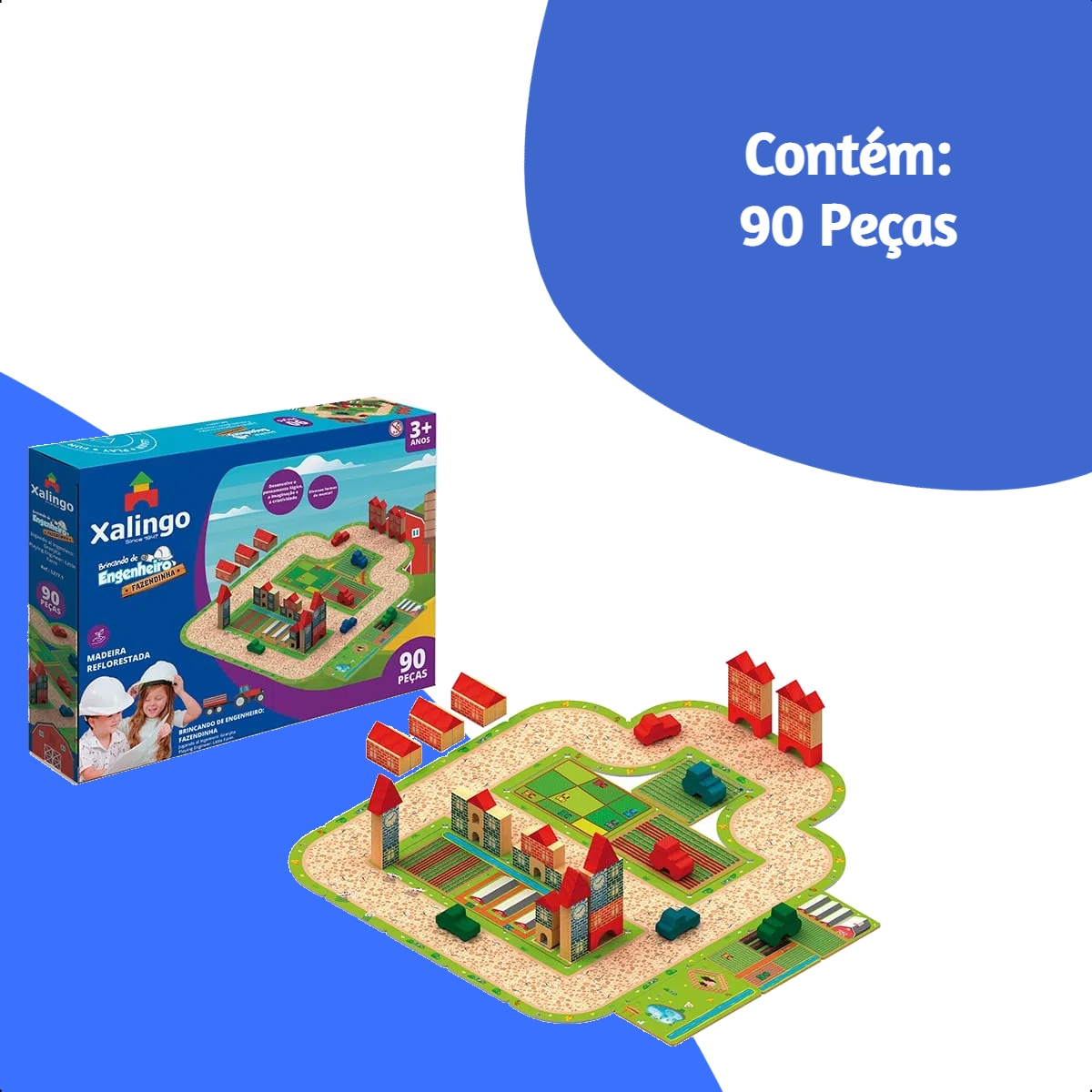 Brincando de Engenheiro Fazendinha 90 Peças de Madeira Reflorestada +3 anos Xalingo - 52771