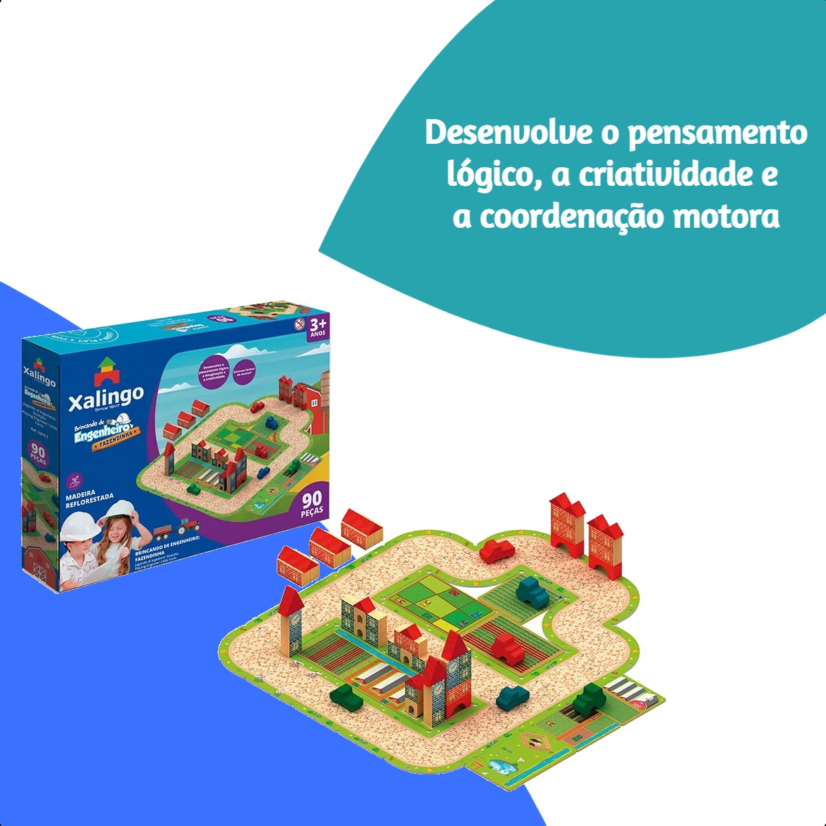 Brincando de Engenheiro Fazendinha 90 Peças de Madeira Reflorestada +3 anos Xalingo - 52771