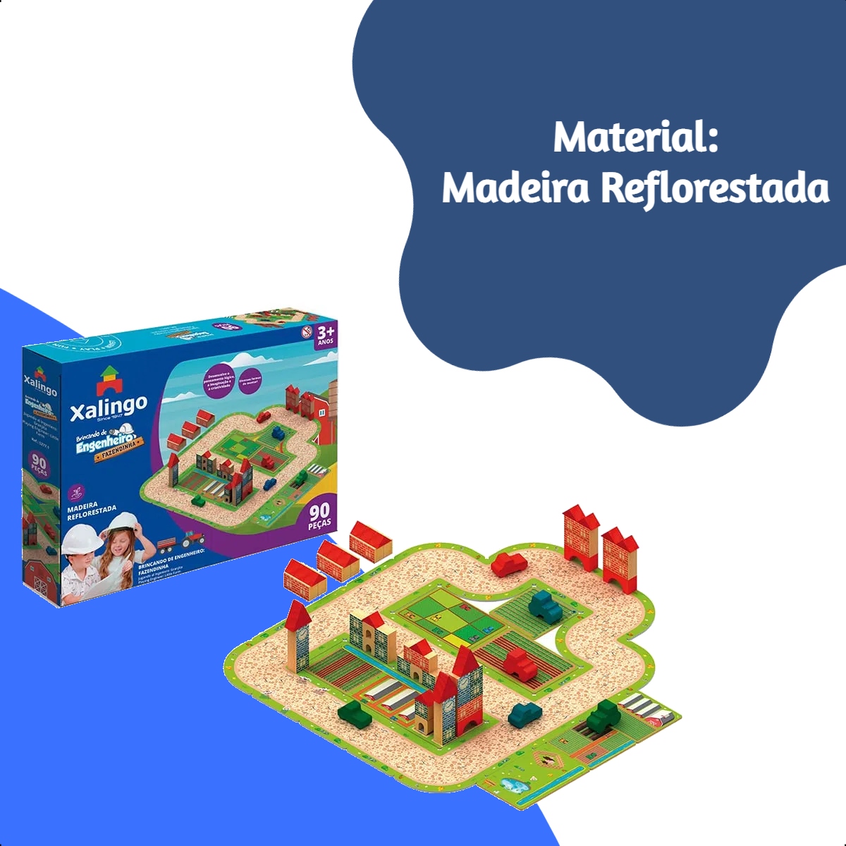 Brincando de Engenheiro Fazendinha 90 Peças de Madeira Reflorestada +3 anos Xalingo - 52771