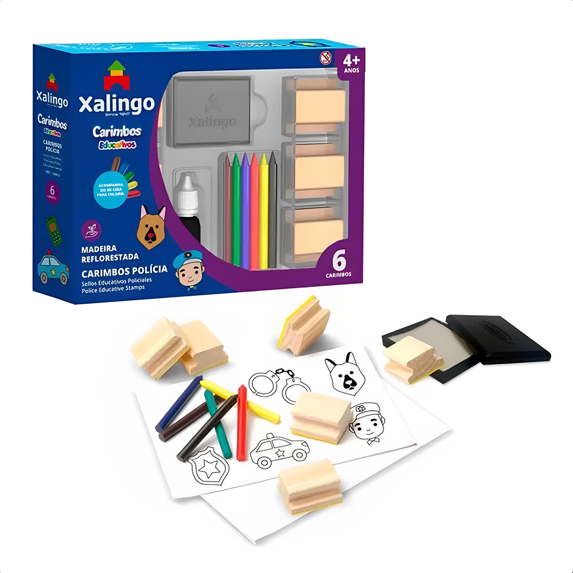 Carimbos Polícia Infantil em Madeira Reflorestada Conjunto De Artes Educativo Xalingo - 13465