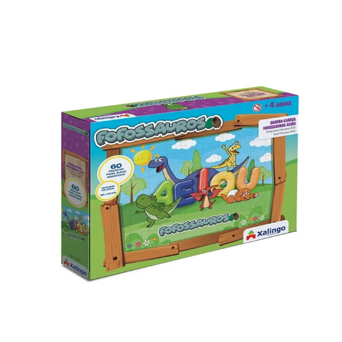Brinquedo Quebra-cabeça Cartão Fofossauros Aeiou 60 peças 32x22cm Xalingo - 16298