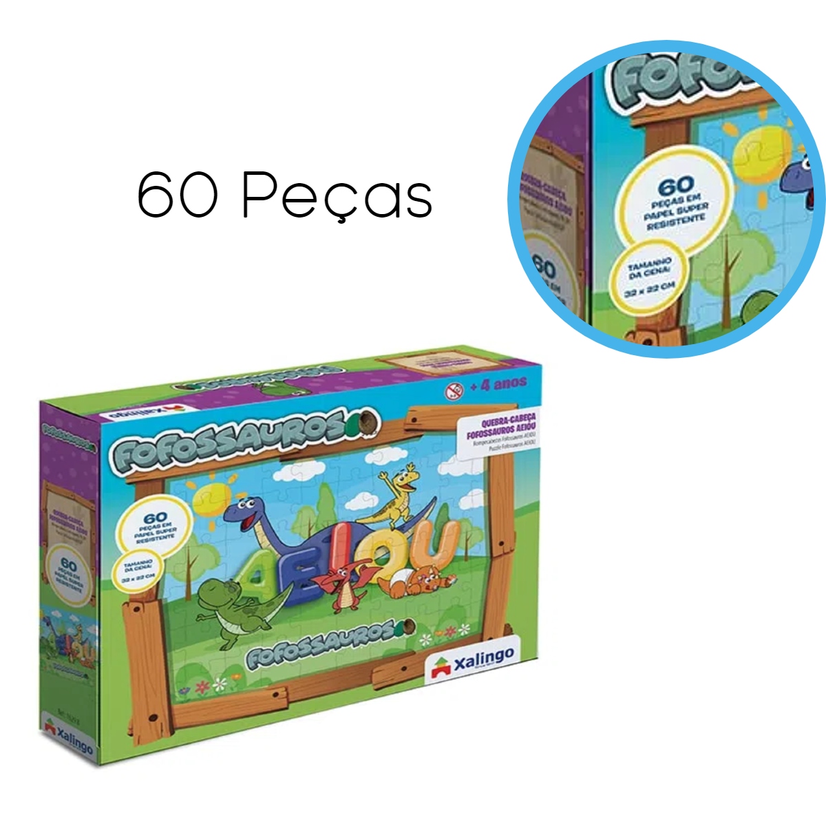 Brinquedo Quebra-cabeça Cartão Fofossauros Aeiou 60 peças 32x22cm Xalingo - 16298