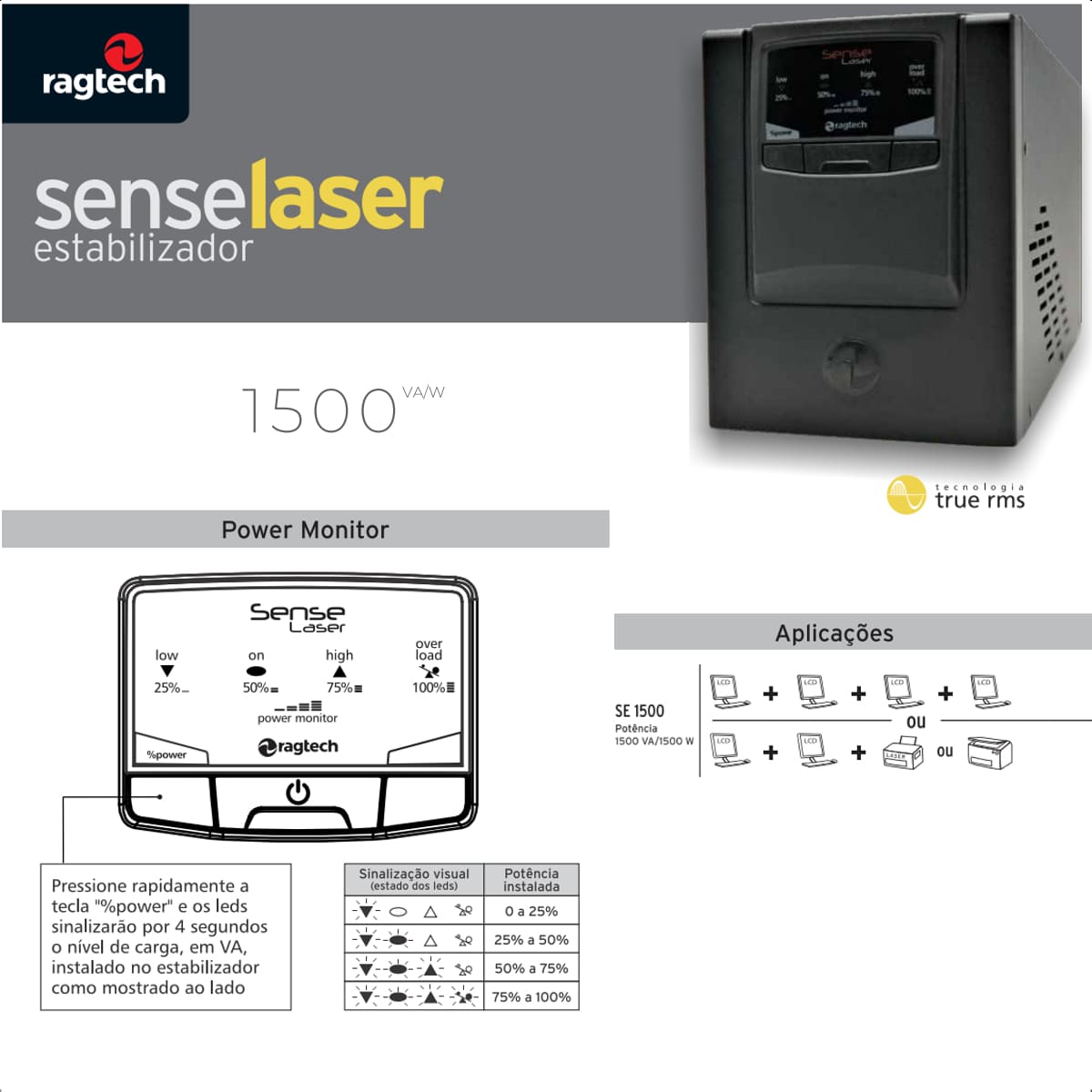 Estabilizador Sense Laser Ragtech 1500VA Microprocessado Trivolt 115V 127V 220V Saída 115V 3550