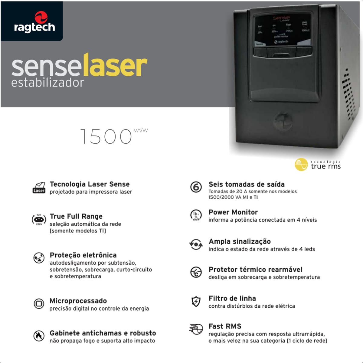 Estabilizador Sense Laser Ragtech 1500VA Microprocessado Trivolt 115V 127V 220V Saída 115V 3550