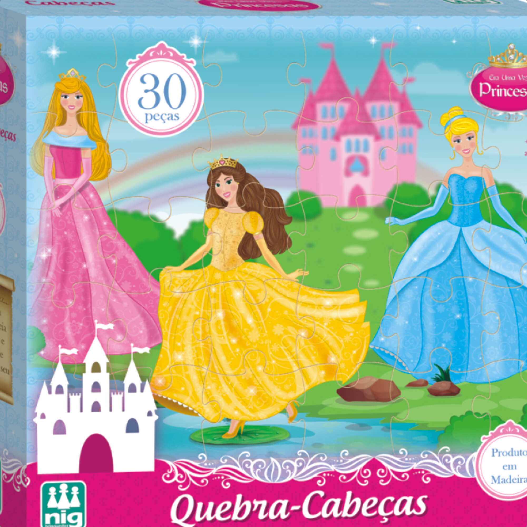 Jogo Quebra-Cabeça Princesas Madeira 30 Peças +4 Anos Infantil Diversão  Nig Brinquedos - 0792