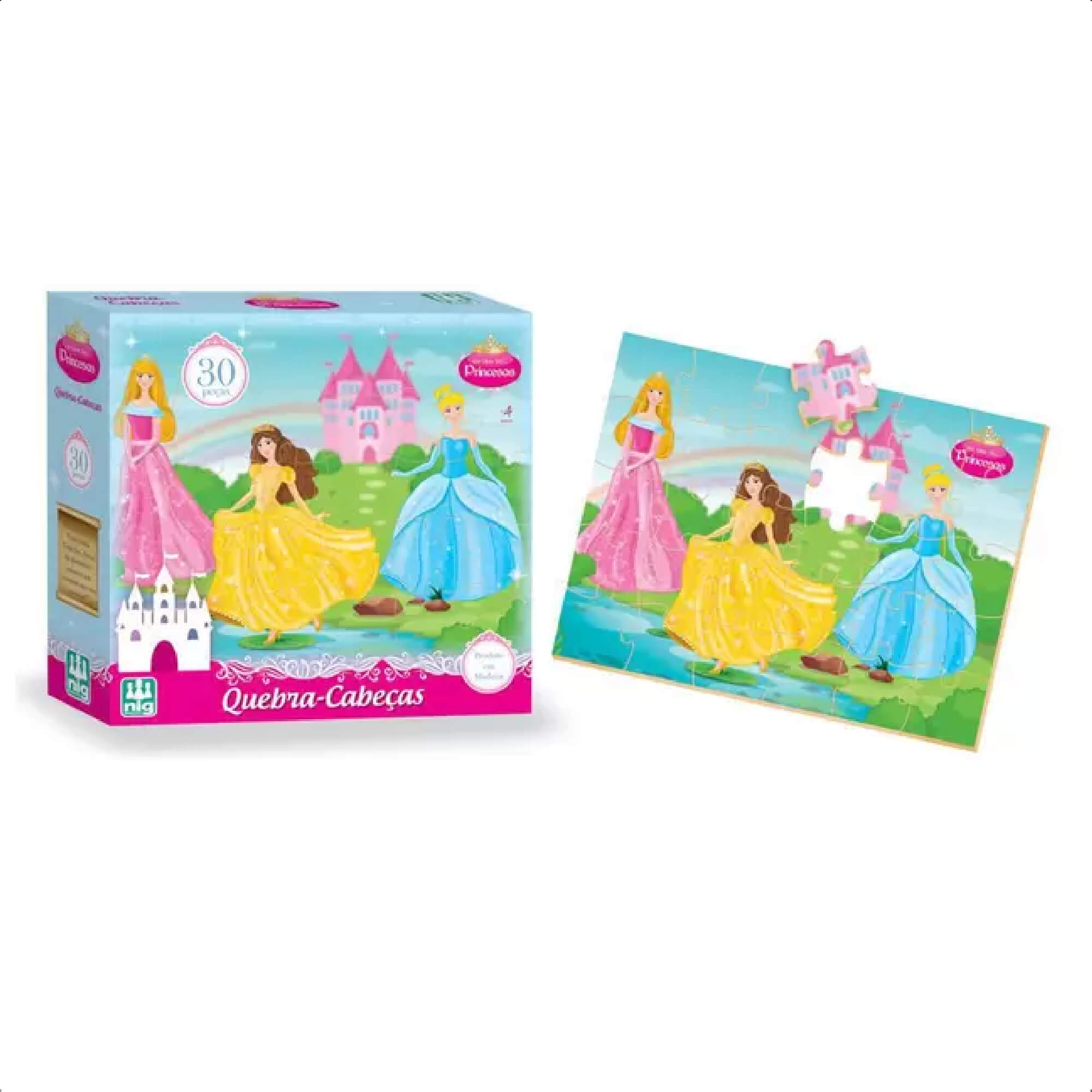 Jogo Quebra-Cabeça Princesas Madeira 30 Peças +4 Anos Infantil Diversão  Nig Brinquedos - 0792