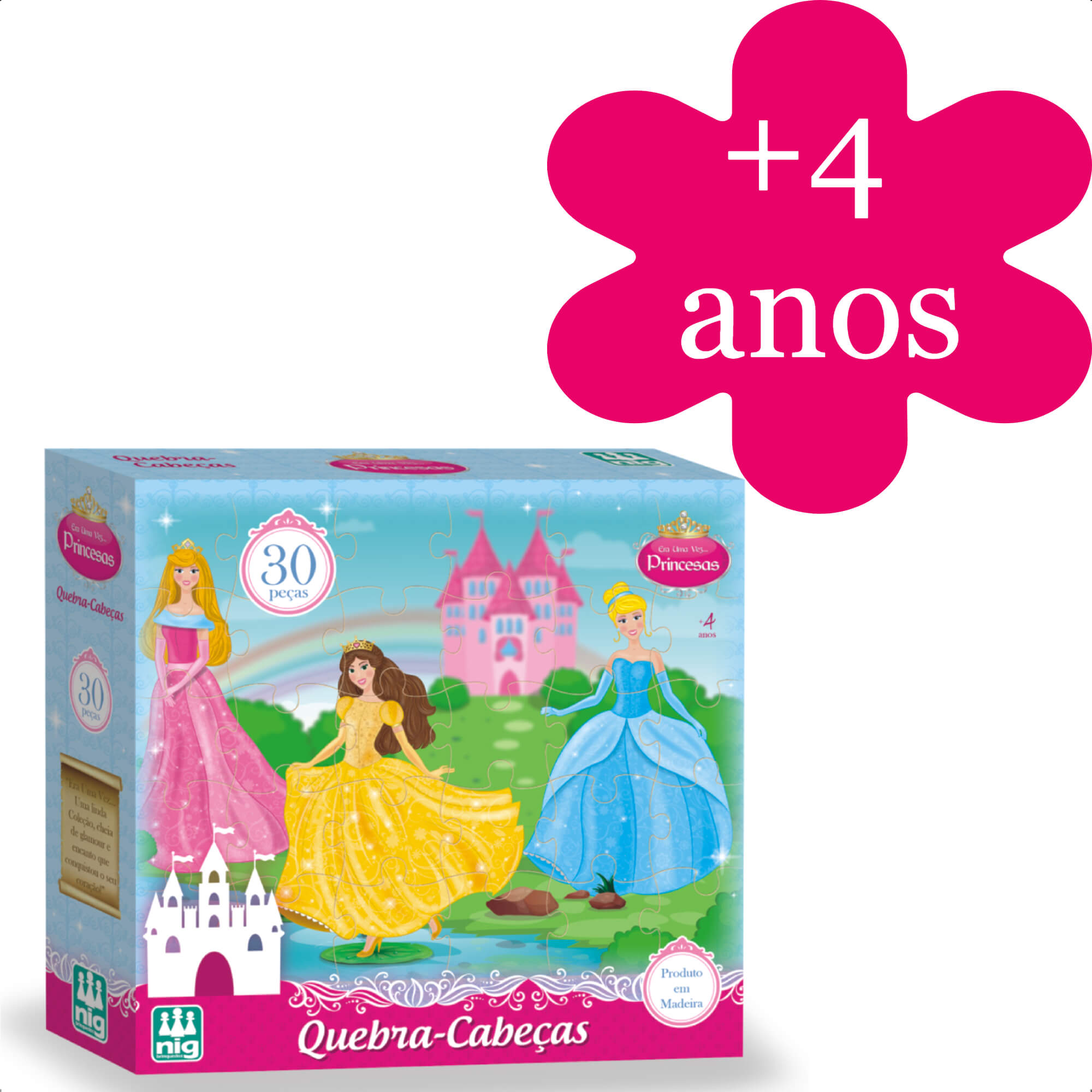 Jogo Quebra-Cabeça Princesas Madeira 30 Peças +4 Anos Infantil Diversão  Nig Brinquedos - 0792