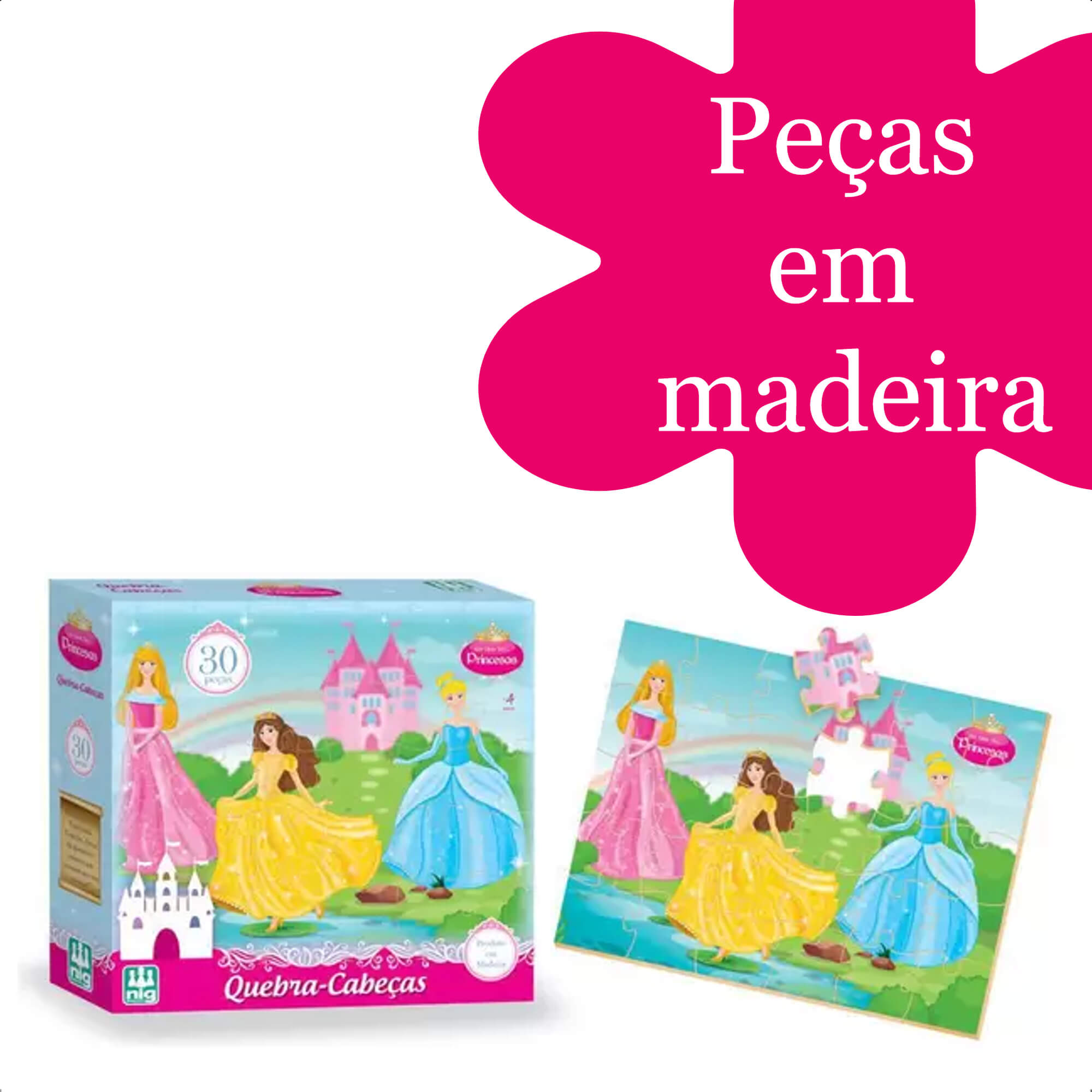 Jogo Quebra-Cabeça Princesas Madeira 30 Peças +4 Anos Infantil Diversão  Nig Brinquedos - 0792