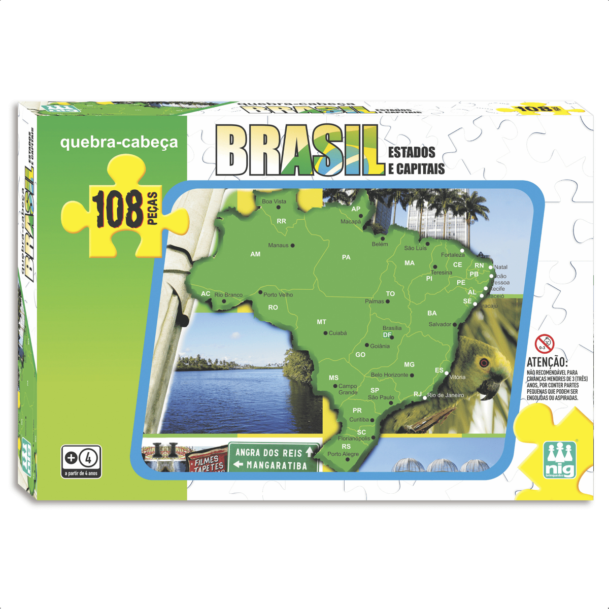 Quebra Cabeça Mapa Brasil Infantil 108 Peças Concentração 42cm x 28cm 4 Anos Nig Brinquedos-0282