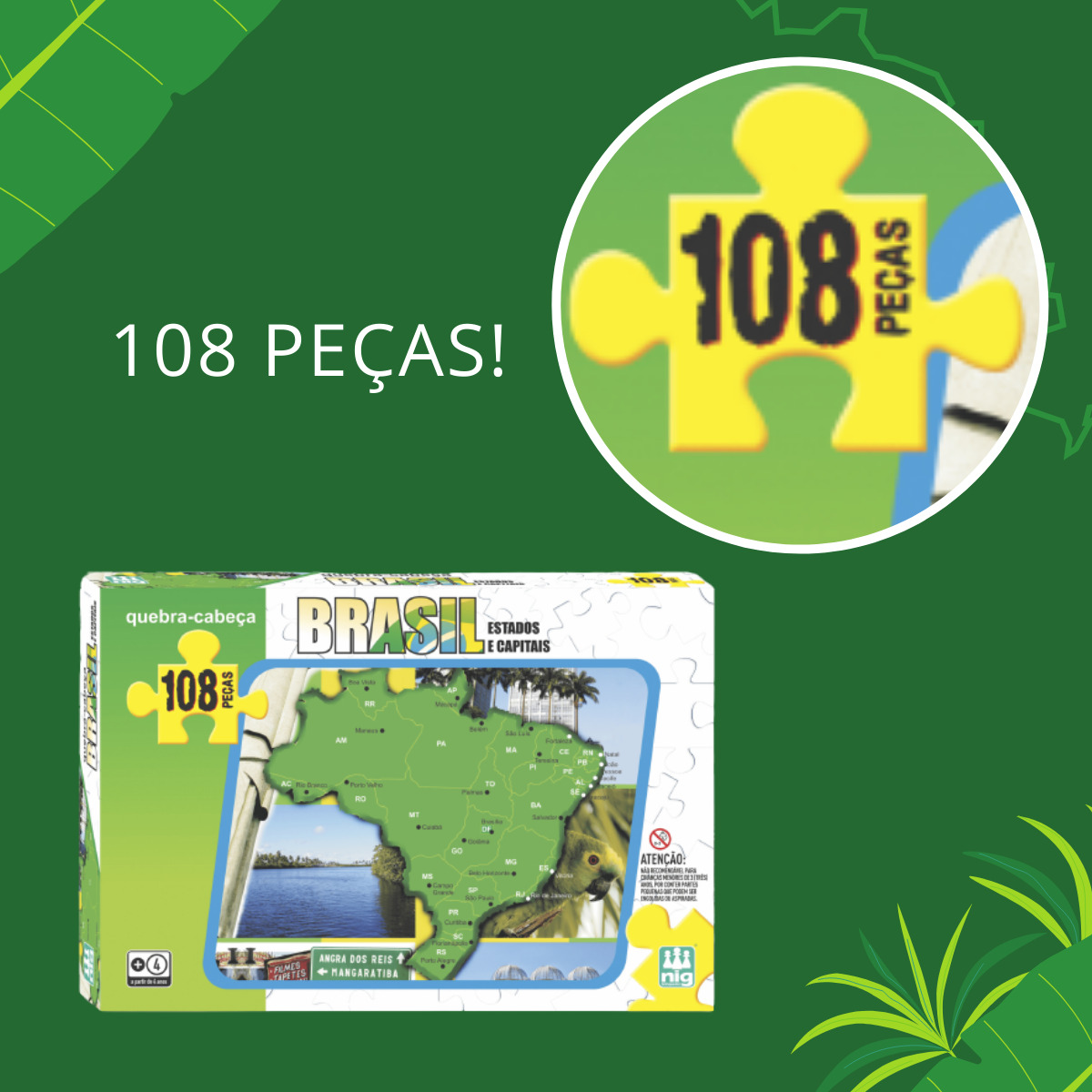 Quebra Cabeça Mapa Brasil Infantil 108 Peças Concentração 42cm x 28cm 4 Anos Nig Brinquedos-0282