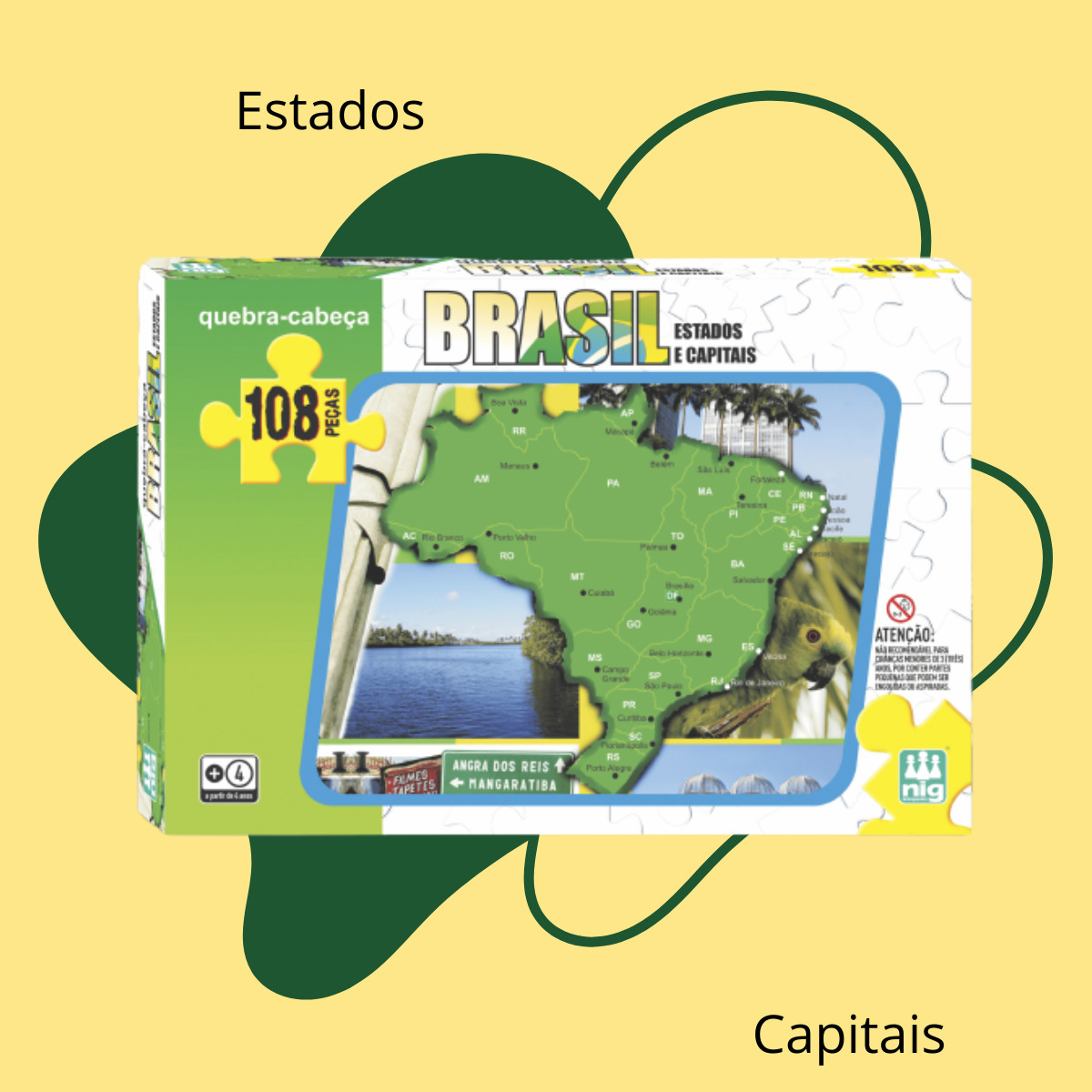 Quebra Cabeça Mapa Brasil Infantil 108 Peças Concentração 42cm x 28cm 4 Anos Nig Brinquedos-0282